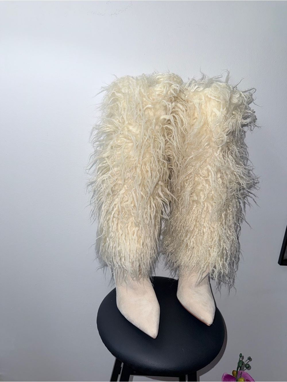 Beige  Faux Fur Knee-High Pointed Toe Boots